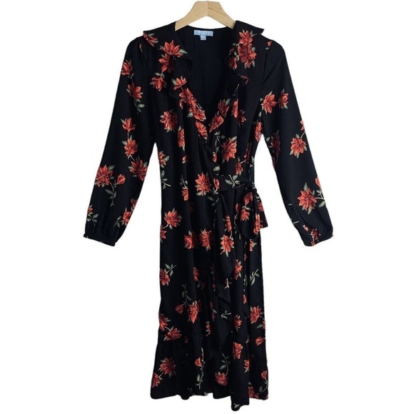 Draper James Black Floral Long Sleeve Ruffle Midi Wrap Dress Womens XS NWT $78 - Picture 2 of 9